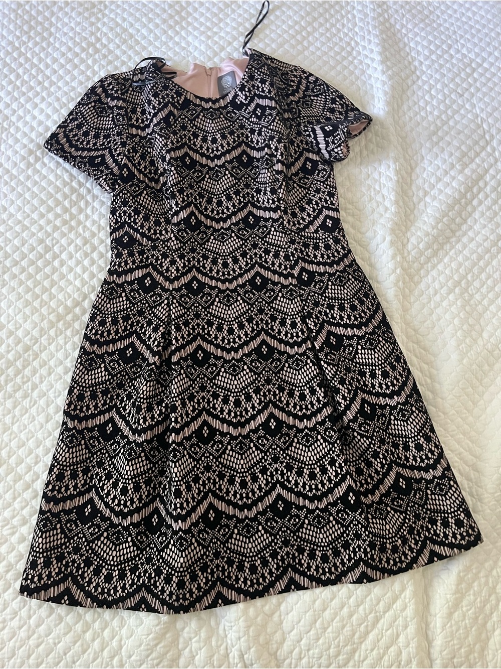Vince Camuto Black and Blush Patterned A-Line Dress